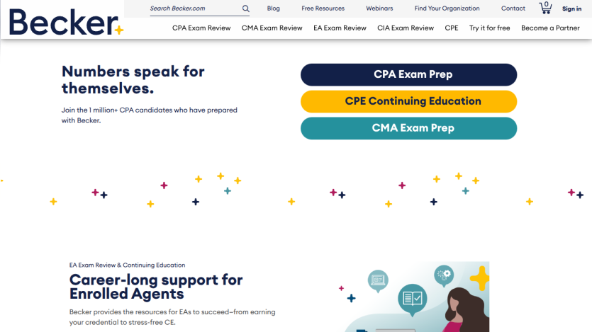 Becker website showcasing CPA exam prep and continuing education options.