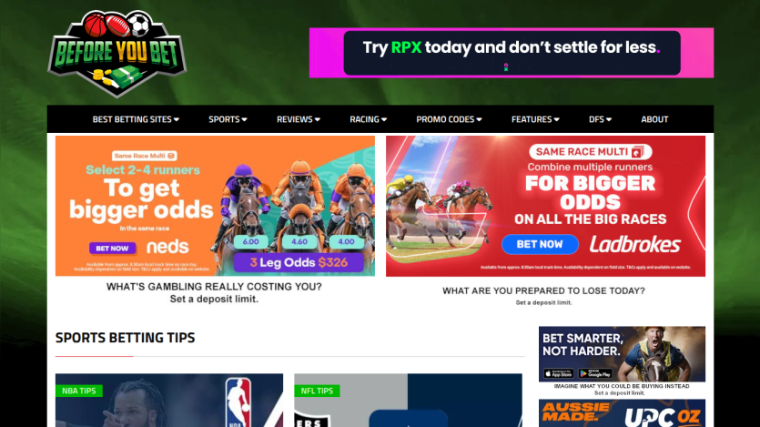 Sports betting tips website featuring promotions for bigger odds and form tools in punting, with navigation menu and responsible gambling message