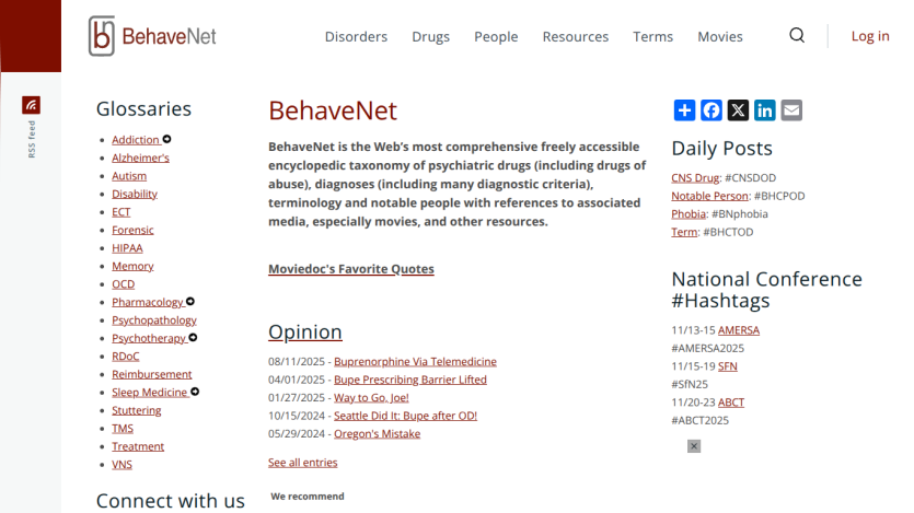 BehaveNet homepage with navigation links, glossary topics, daily posts, and conference hashtags about psychiatric drugs and disorders