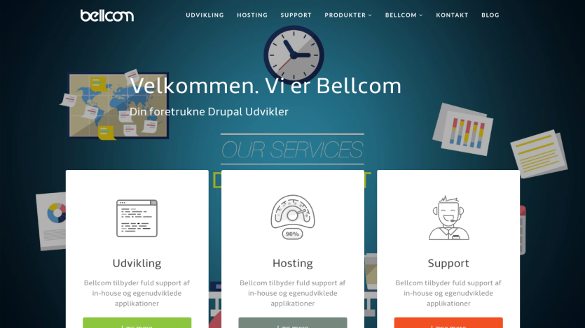 Bellcom website header with navigation and hero section offering Drupal development, hosting, and support services.