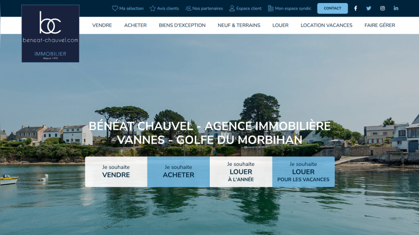 Real estate agency homepage with options to sell, buy, or rent properties in Vannes, Golfe du Morbihan.