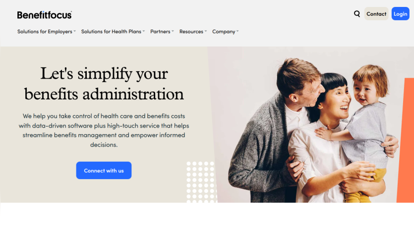 Homepage of Benefitfocus showcasing benefits administration services with a family image.