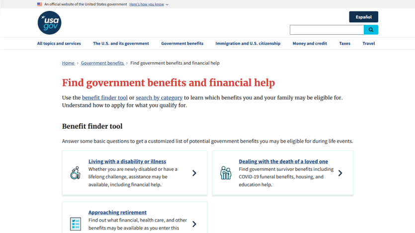 Government benefits and financial help information with categories for assistance.