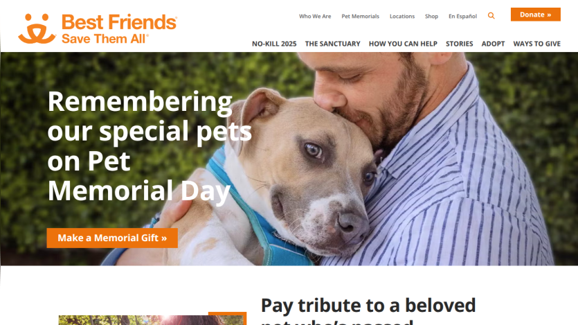 Homepage promoting Pet Memorial Day with a call to make a memorial gift.