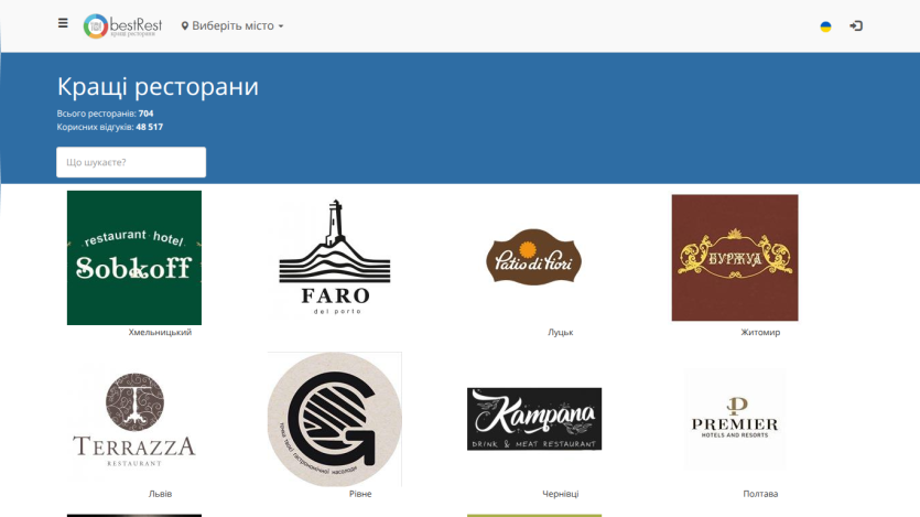 Website listing top restaurants with logos and names under a blue header titled 'Кращі ресторани'