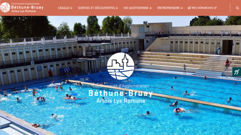 Community website header with navigation and a large swimming pool scene with people swimming