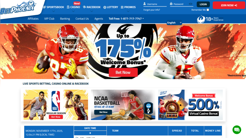 BetPhoenix sportsbook homepage with 175% welcome bonus, NBA and NCAA basketball betting options, and 500% virtual casino bonus