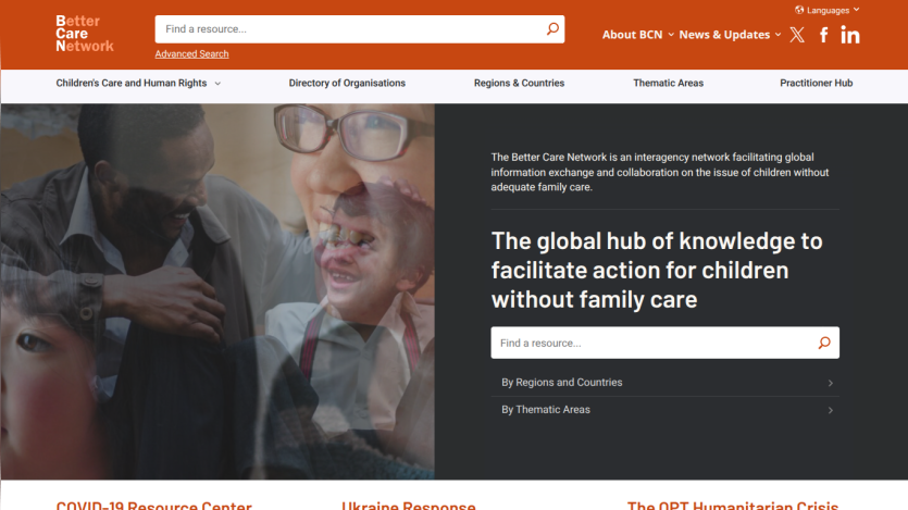 Better Care Network homepage with search bar and headline about facilitating action for children without family care