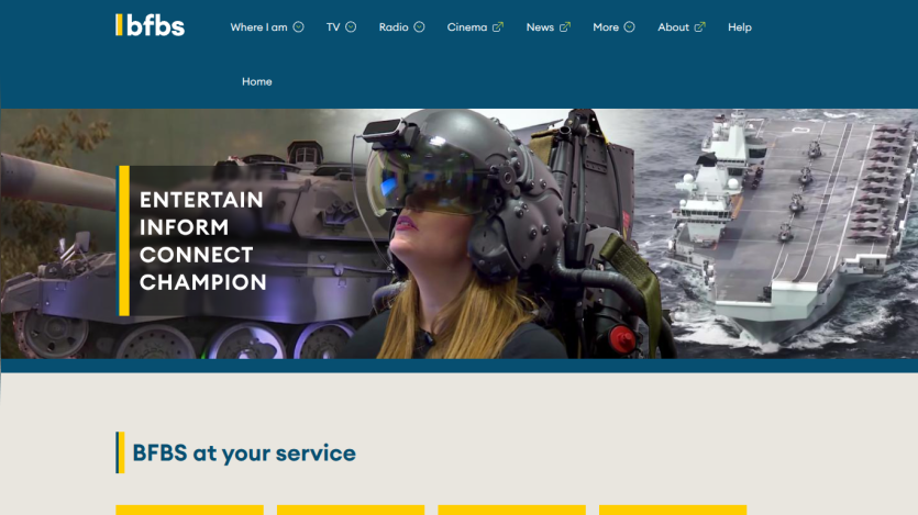 BFBS website with navigation menu and hero section featuring military technology and the text 'Entertain Inform Connect Champion'.