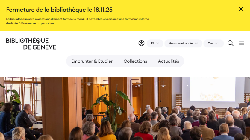 Bibliothèque de Genève website with navigation and announcement about library closure on November 18