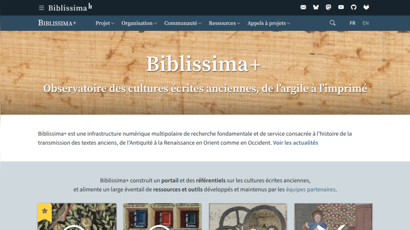 Biblissima+ homepage showcasing a research platform on ancient written cultures with navigation menu and introductory text