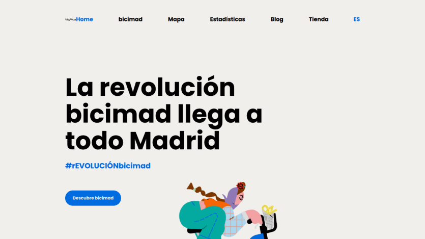 Homepage with navigation menu and headline about bicimad revolution in Madrid, with a call-to-action button and illustration