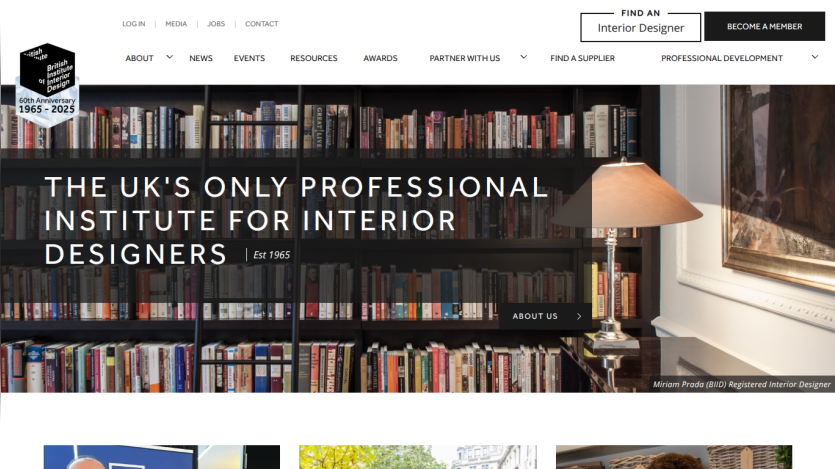 British Institute of Interior Design homepage with navigation and hero text about being the UK's only professional institute for interior designers