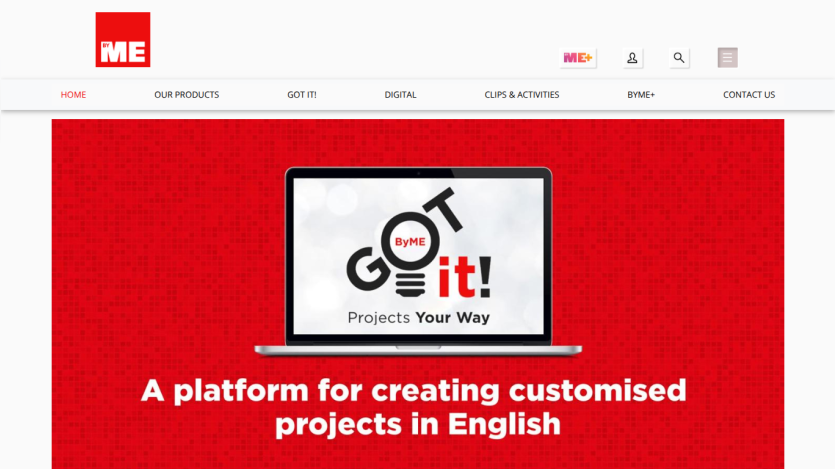 Website offering a platform for creating customized English projects with a laptop image and navigation menu