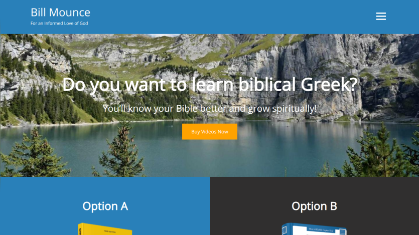 Website header with title Bill Mounce and hero section offering biblical Greek learning with a call to action button