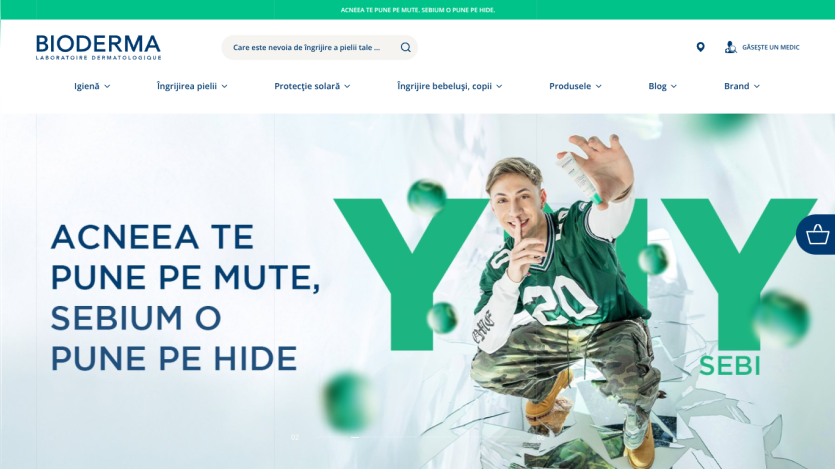 Bioderma website featuring a promotional image with a person and text about acne treatment.