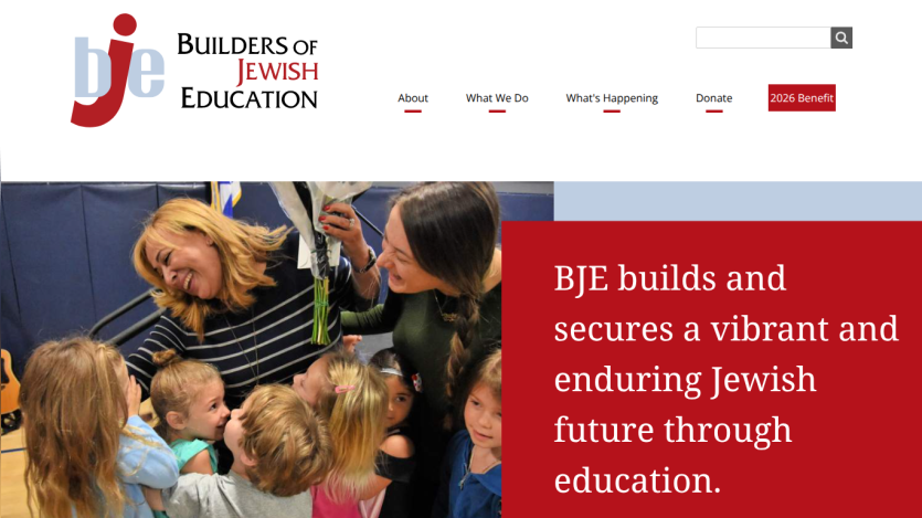 Builders of Jewish Education website with navigation and mission statement about securing a vibrant Jewish future through education