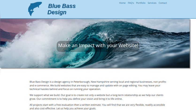 Blue Bass Design website header with navigation and hero image featuring a wave and text 'Make an Impact with your Website!'