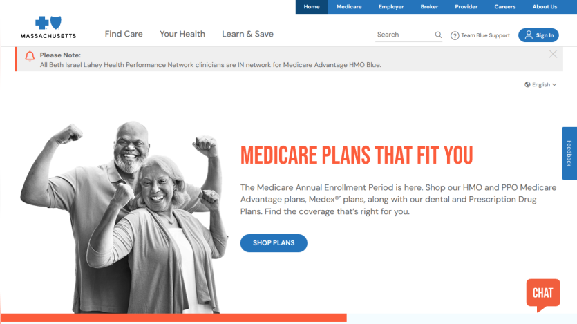Website homepage showing Medicare plans with a smiling elderly couple and a call to action to shop plans