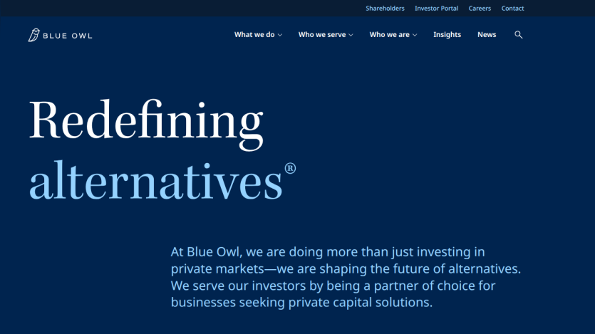 Blue Owl homepage with navigation and headline 'Redefining alternatives' describing investment focus on private markets