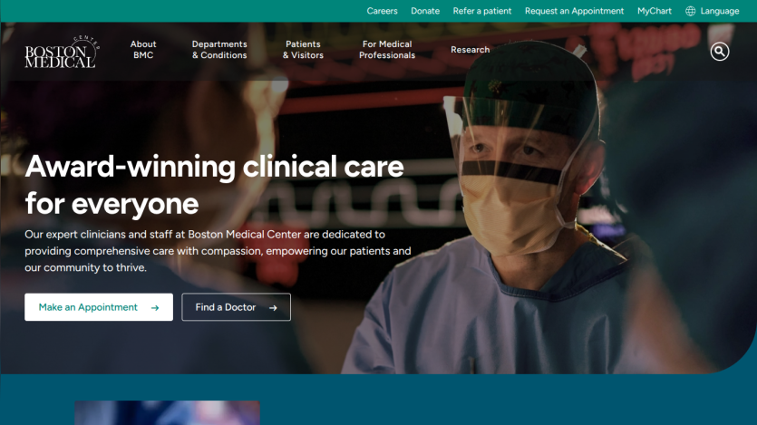 Boston Medical Center's hero section promoting clinical care with a call to action to make an appointment.
