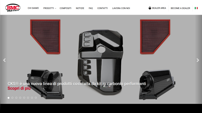 BMC Air Filter homepage with navigation menu and hero section showcasing carbon fiber product kits
