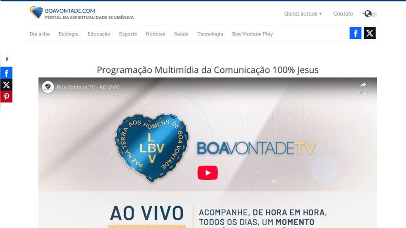 Boa Vontade TV live multimedia programming with spiritual content and navigation menu