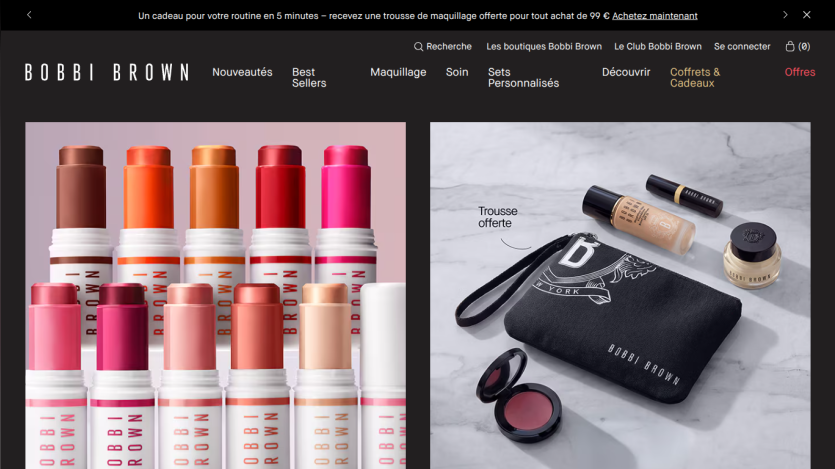 Cosmetic products displayed with navigation menu at the top.