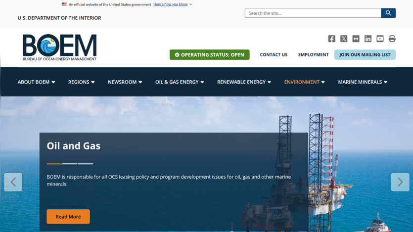 Homepage of BOEM featuring Oil and Gas section with a call to action.