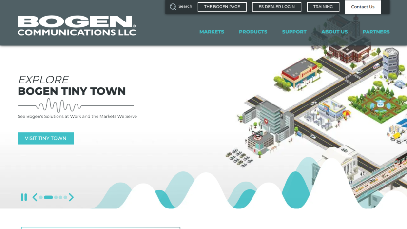 Bogen Communications homepage featuring navigation, search, and a call to explore Bogen Tiny Town solutions