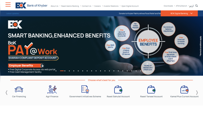 Bank of Khyber homepage promoting Shariah compliant PAY@Work deposit account with employee benefits and various finance options