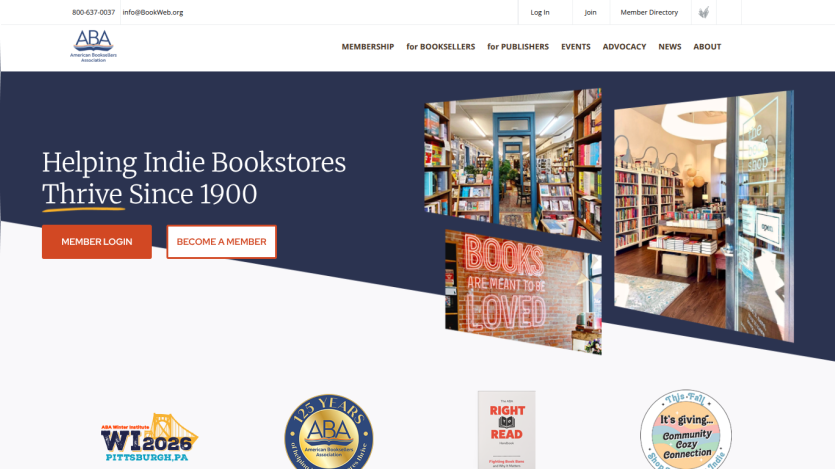 Homepage promoting support for indie bookstores with a welcoming message and images of books.