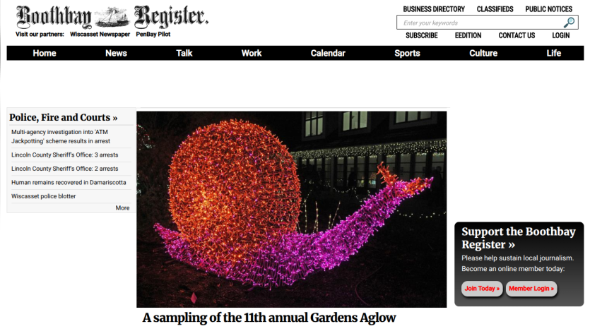 Boothbay Register homepage with news headlines, weather, and a large illuminated snail sculpture for Gardens Aglow event