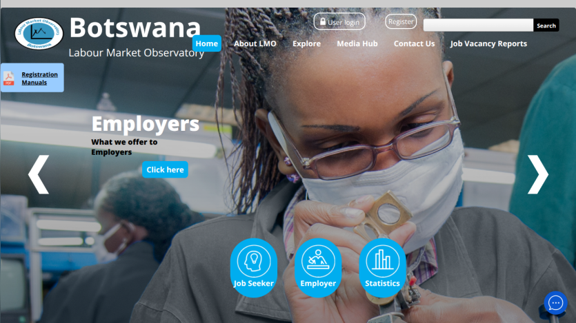 Botswana Labour Market Observatory homepage with navigation, search, and sections for Employers, Job Seeker, Employer, and Statistics