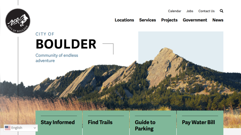 City of Boulder homepage featuring a mountain backdrop and navigation options for services and information.