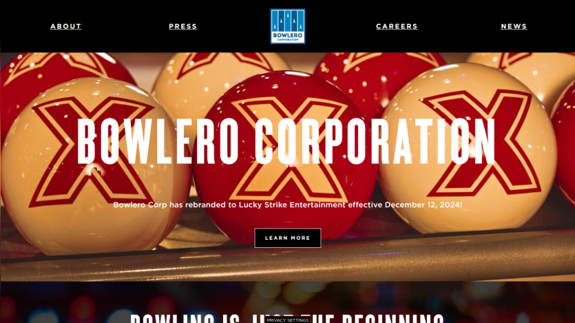 Bowling balls background with Bowlero Corporation rebranding announcement and navigation links