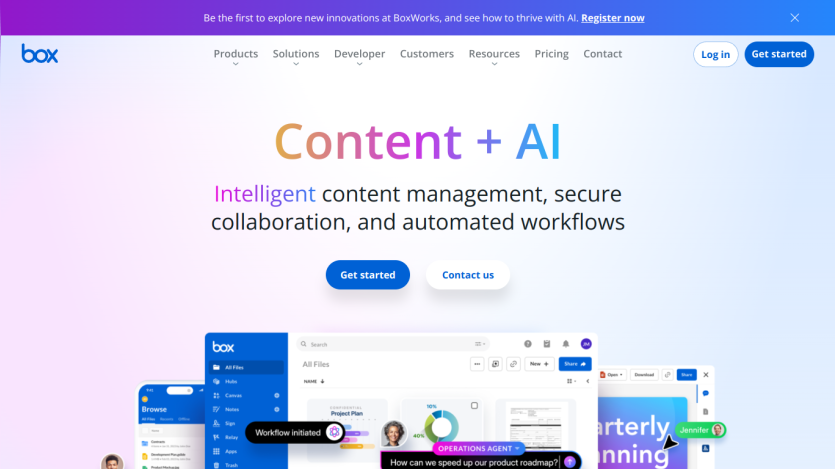Box homepage featuring 'Content + AI' with call-to-action buttons.
