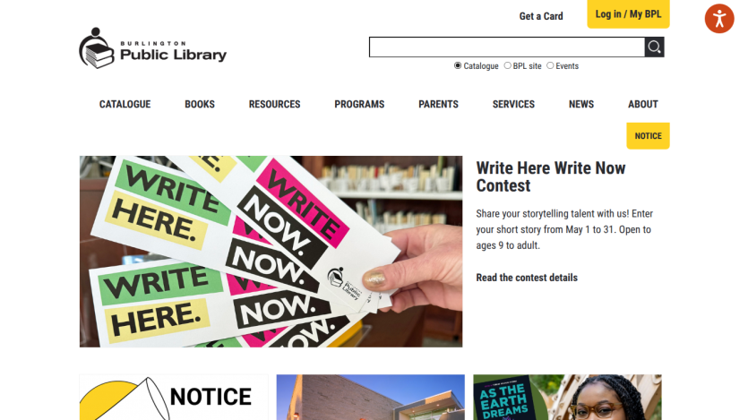Public Library homepage featuring a writing contest announcement and navigation options.