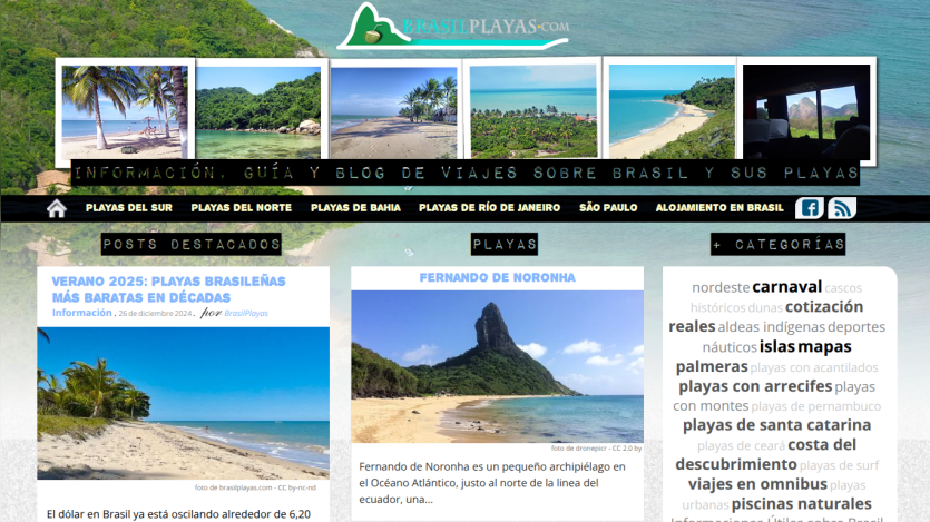 Travel guide featuring Brazilian beaches with images and navigation links.