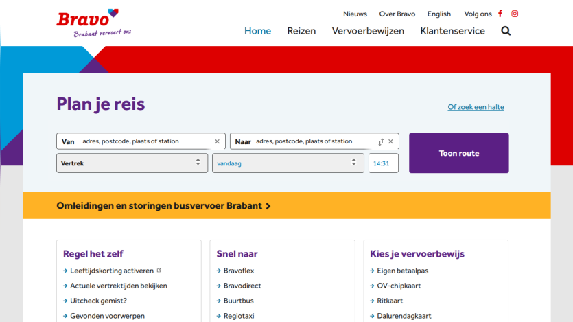Bravo public transport site with travel planner form and links for tickets and service info in Dutch