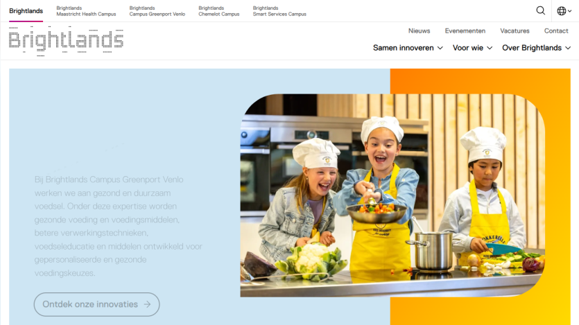Brightlands Campus Greenport Venlo focuses on healthy, sustainable food innovation with children cooking in a kitchen