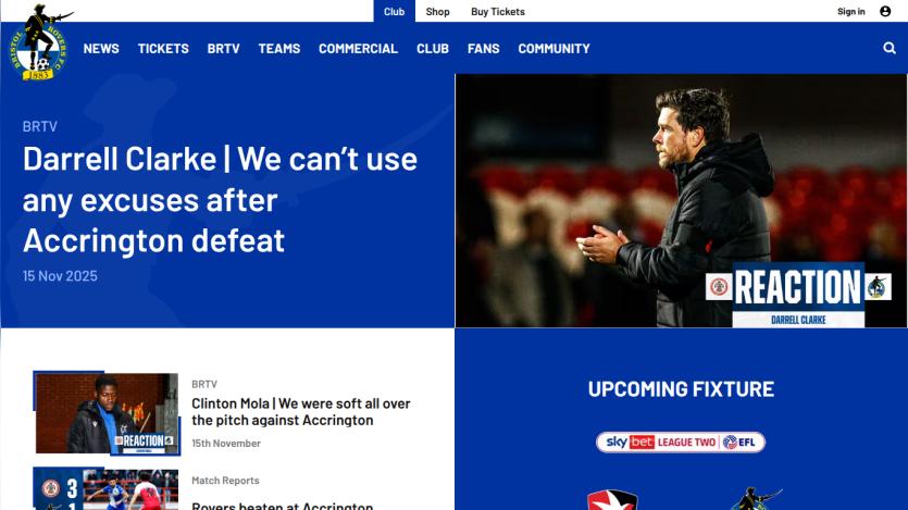 Bristol Rovers FC website showing news headline about Darrell Clarke's reaction to Accrington defeat and upcoming fixture info