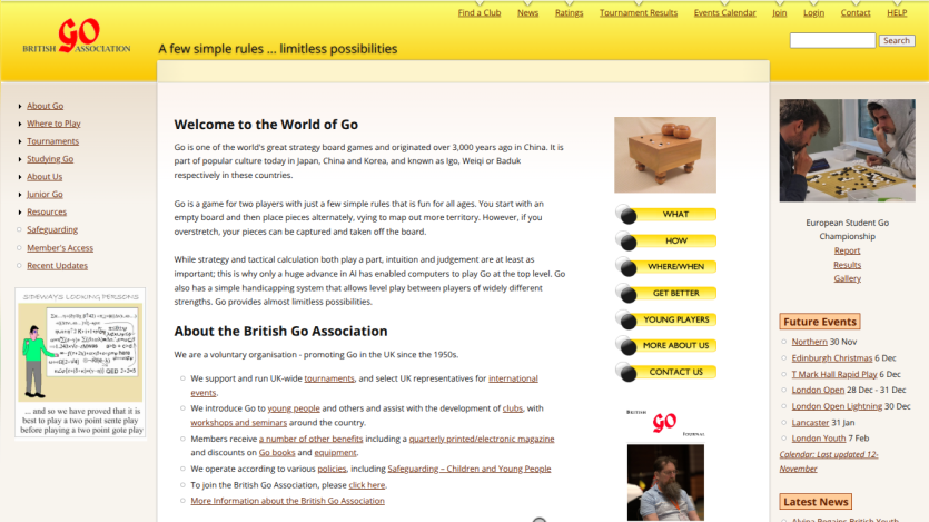 British Go Association homepage with introduction to the game, navigation links, and upcoming events