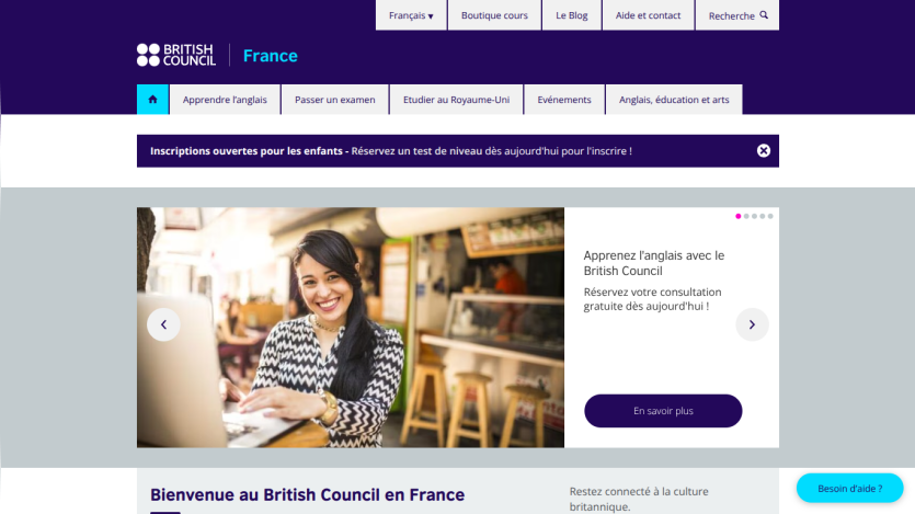 British Council France homepage with navigation and a hero section promoting English learning with a smiling woman and consultation offer