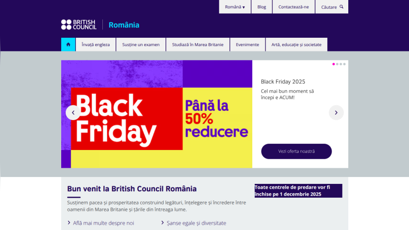 British Council Romania homepage with Black Friday 2025 promotion offering up to 50% discount and welcome message