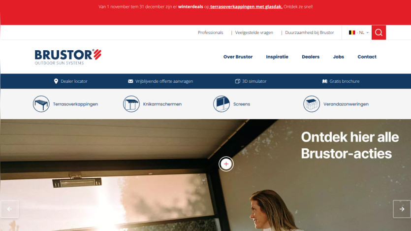 Brustor outdoor sun systems homepage with navigation and hero section promoting Brustor actions