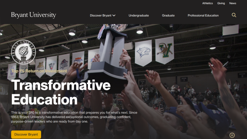 Bryant University homepage featuring 'Transformative Education' and an engaging hero image.