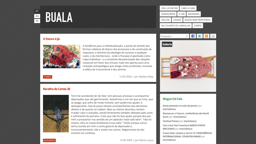 Homepage of Buala featuring articles with images and descriptions.