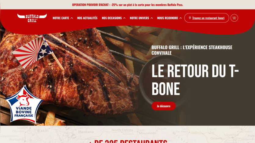 Buffalo Grill website featuring T-bone steak promotion and navigation options.