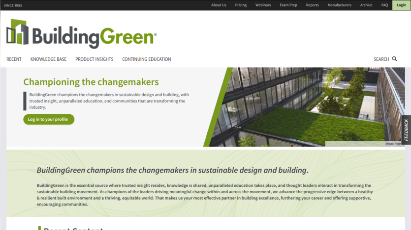 BuildingGreen website showcasing sustainable design with a prominent headline and call to action.